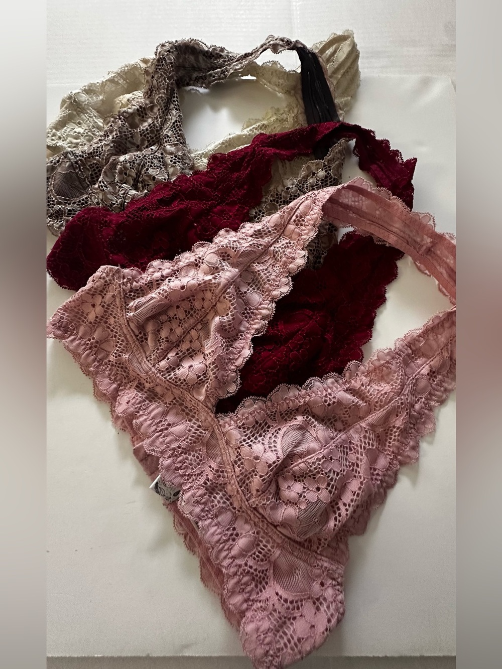 Free People Lace Bralette Set in Blush, Burgundy, and Cream